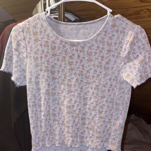 American Eagle Outfitters White Knit Short Sleeve Top with Pink Floral Print